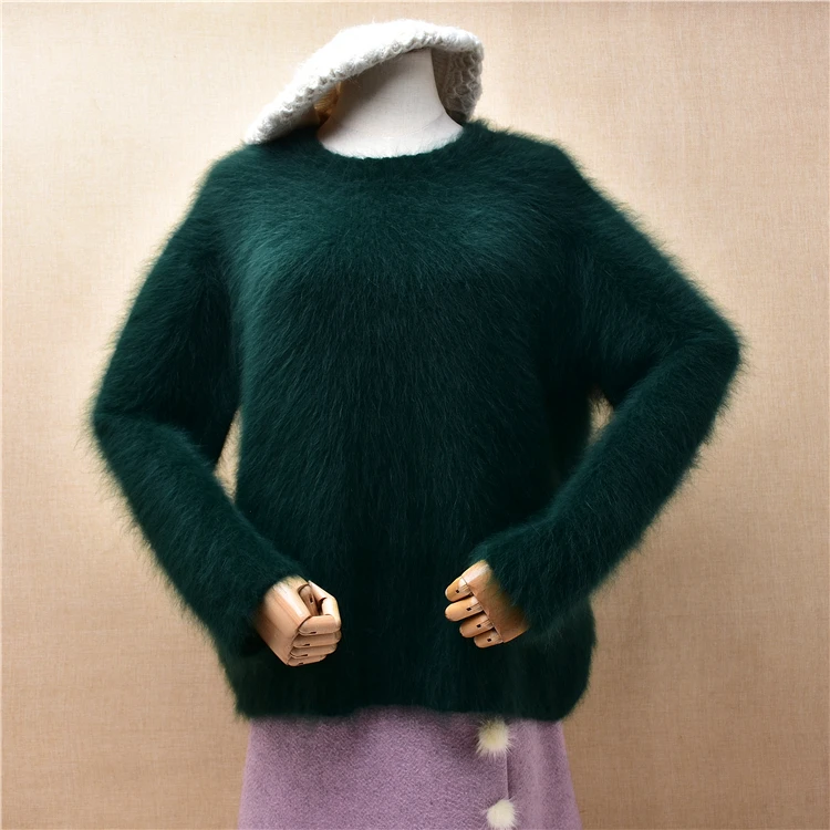 

Female Women Fall Winter Clothing Green Hairy Mink Cashmere Knitted O-Neck Slim Blouses Pullover Jumper Angora Sweater Pull Tops