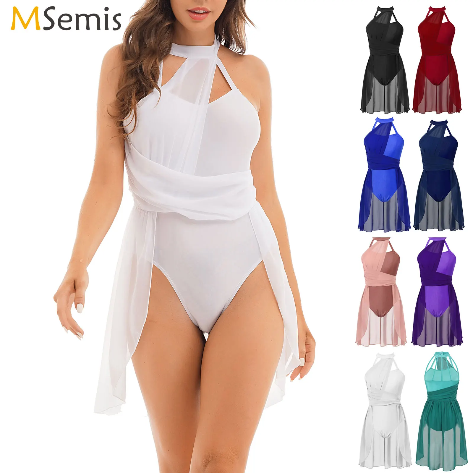 

Women Ballet Dress Girls Ruched Chiffon Bodice Caged Back Lyrical Dance Costume Contemporary Dancewear ​Leotard Tulle Dress