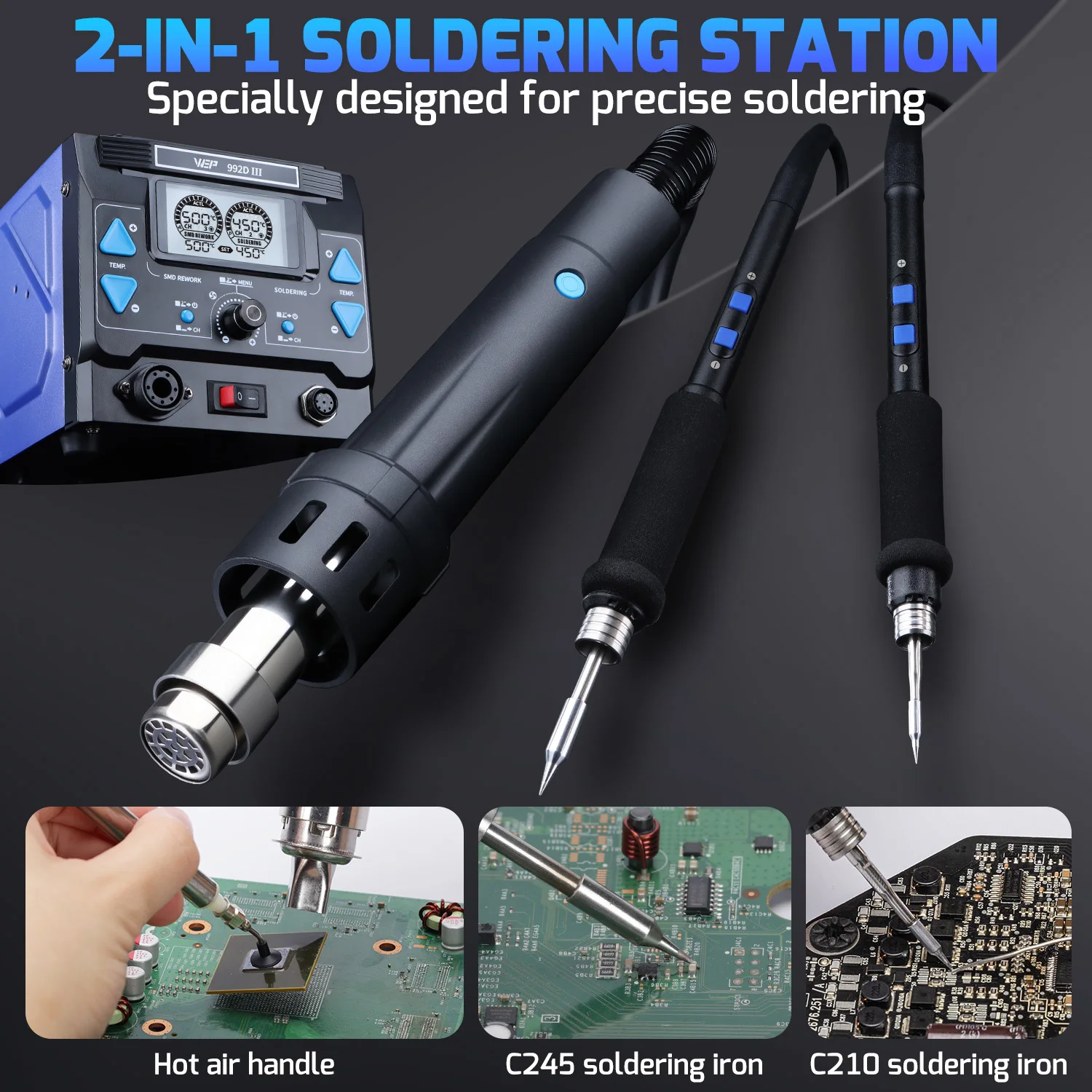 WEP 2-in-1 992D-III 1220W 열풍 리워크 스테이션 마이크로 부품 디지털 디스플레이 C245 납땜 인두 스테이션 용접 수리 도구