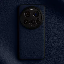 Luxury Genuine Leather Handmade Case with Camera Lens Protector - Premium Cowhide Cover - Mi 14 Ultra (Royal Blue)