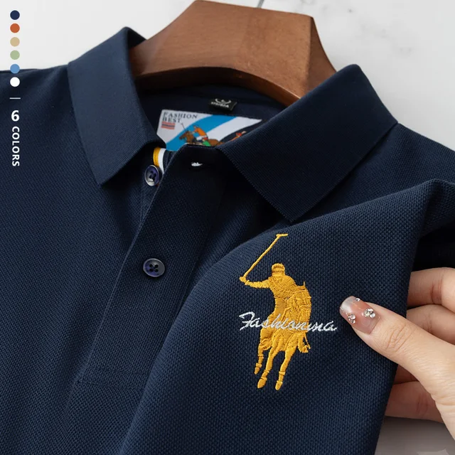 Polo brodé de luxe pour hommes, été, fin, respirant, 100% coton, noir, bleu marine, revers, manches courtes, hauts, vêtements de marque 1