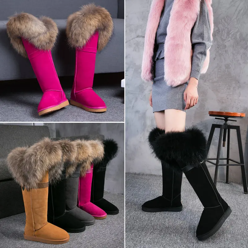 Winter Natural Fox Fur Long Boots Winter Fur Black Genuine Leather