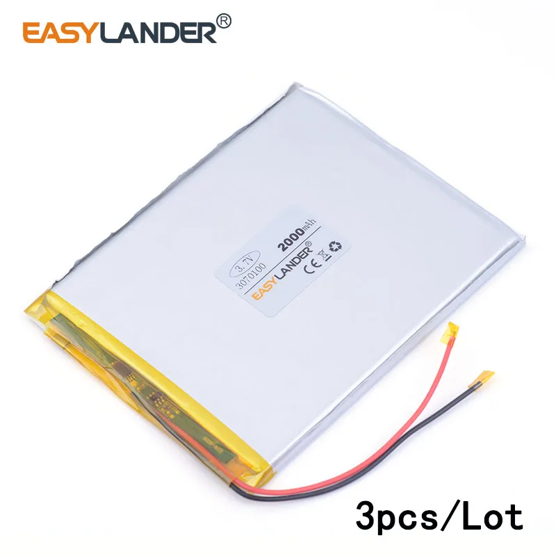 

3pcs /Lot 3070100 lithium Li ion polymer rechargeable battery Newman A73HD built-in battery 2000mah For toys MP4 MP5 E-book