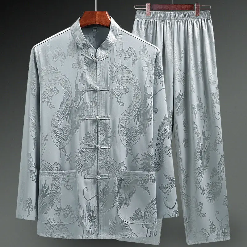 Men Silk Satin Shirt Chinese Traditional Tang Suit Smooth Men Dragon Print Shirt Business Chemise Homme Casual Kong Fu Shirts chinese men hanfu top