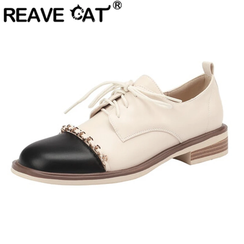 

Женские туфли на плоской подошве REAVE CAT, весенние туфли больших размеров 33-43 с круглым носком и цепочкой в стиле ретро для отдыха, черные или хаки, S3194, 2022