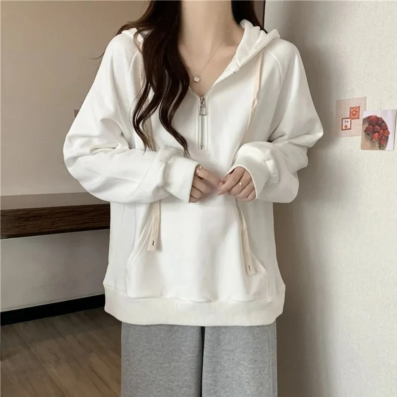 

Yasuk Autumn Winter Casual T-Shirts Women's Loose Hooded Pullover Zipper Cotton Solid Simple Sport
