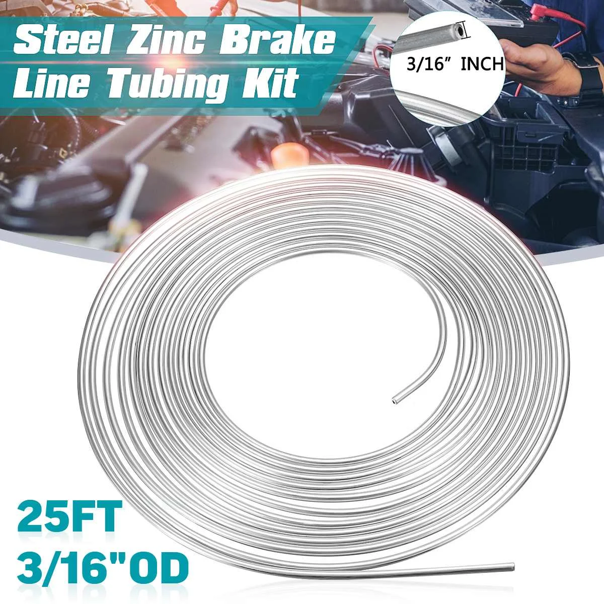 25ft 7.62m Brake Line Tube Coil 3/16" OD Silver Zinc Brake Pipe Hose