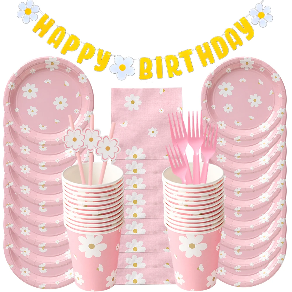 

1Set Daisy Theme Disposable Tableware Pink Printed Paper Plates Napkins Cups Forks Birthday Party Baby Shower Wedding Decoration