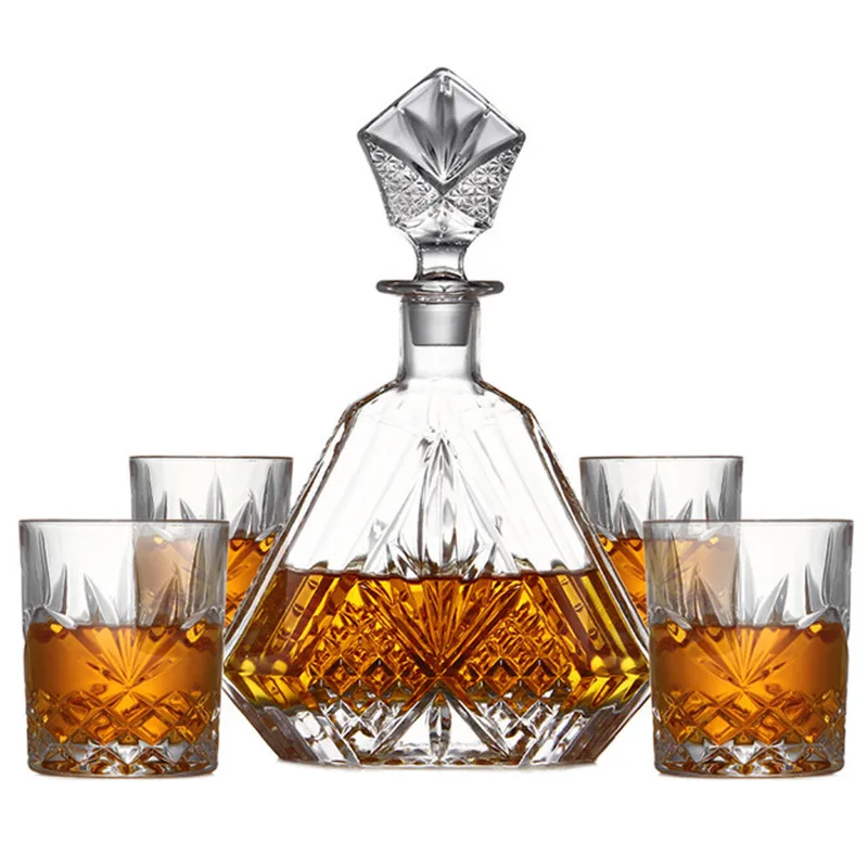 5PcsCraftedGlassDecanterWhiskyGlassSetwithOrnateStopper4