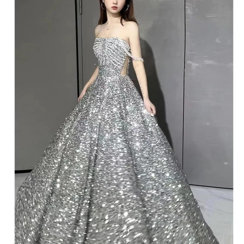 Host the student Day bar Mitzvah Art exam sparkly silver toast-off dress