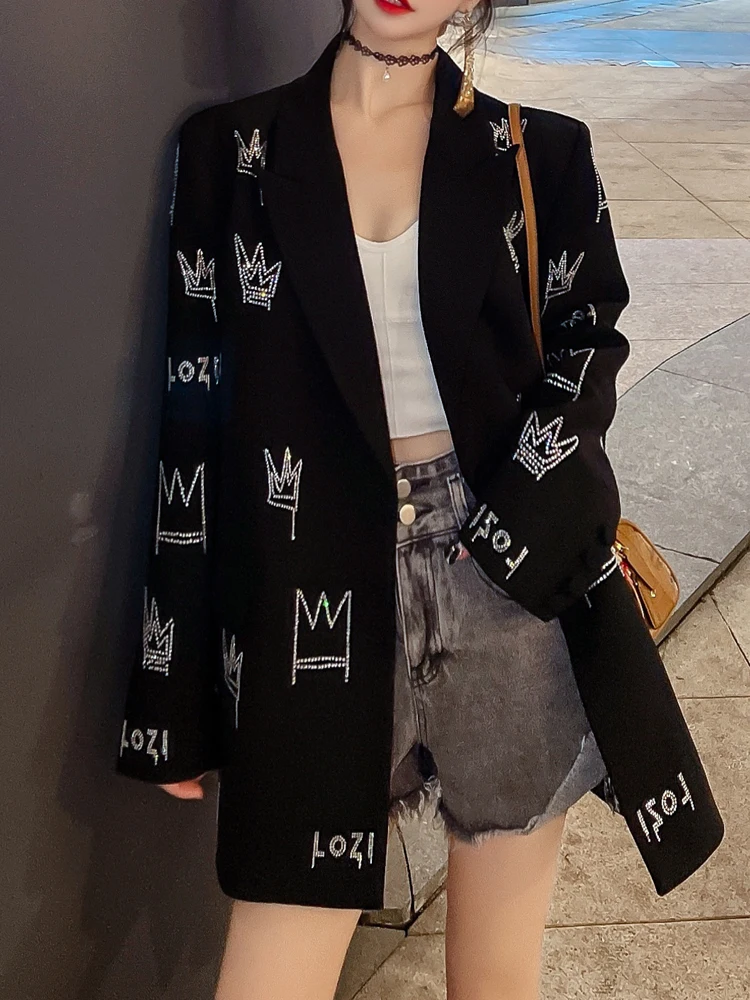 Trendy Black Suit Coat 2022 New Spring Autumn Loose Crown Hot Drilling Mid-long Blazers Elegant Long Sleeve Streetwear Jackets
