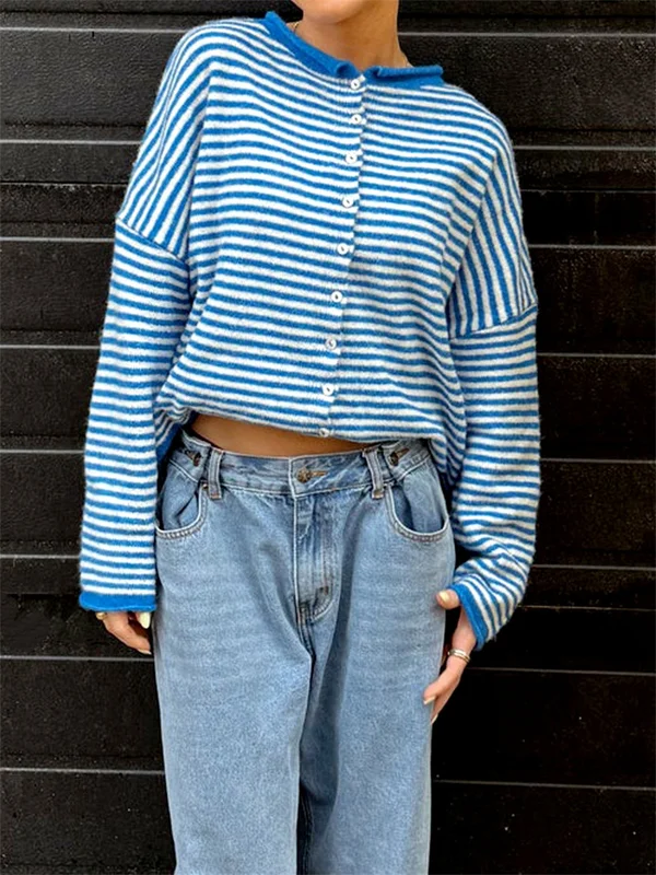 Women's Sweater Striped Button Down Cardigan Knit Tops Outerwear Casual Loose Long Sleeve Fall Tops Knitwear