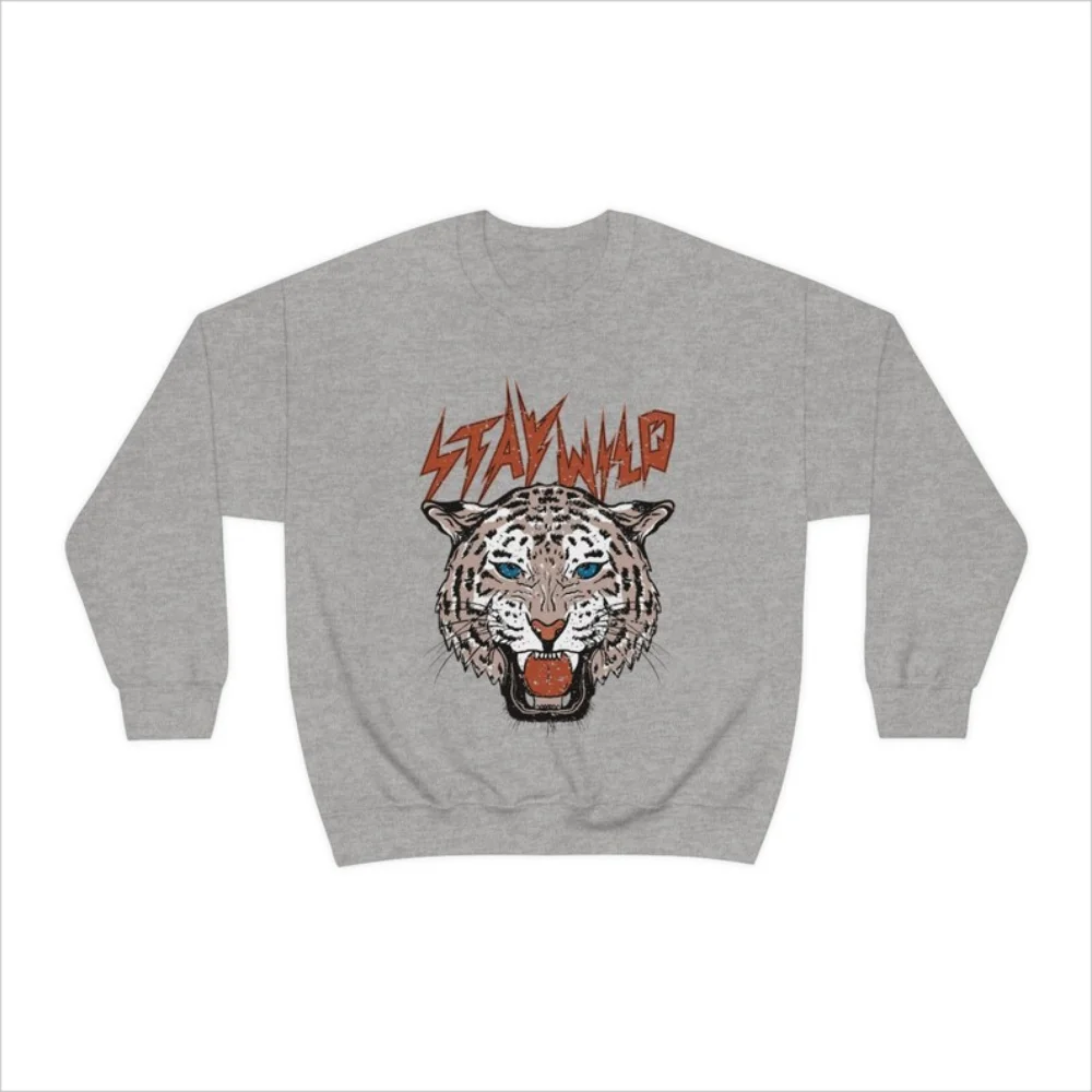 Stay Wild Roaring Cheetah Rocker Crewneck Sweatshirt Vintage Style Pullover Women Clothing Winter