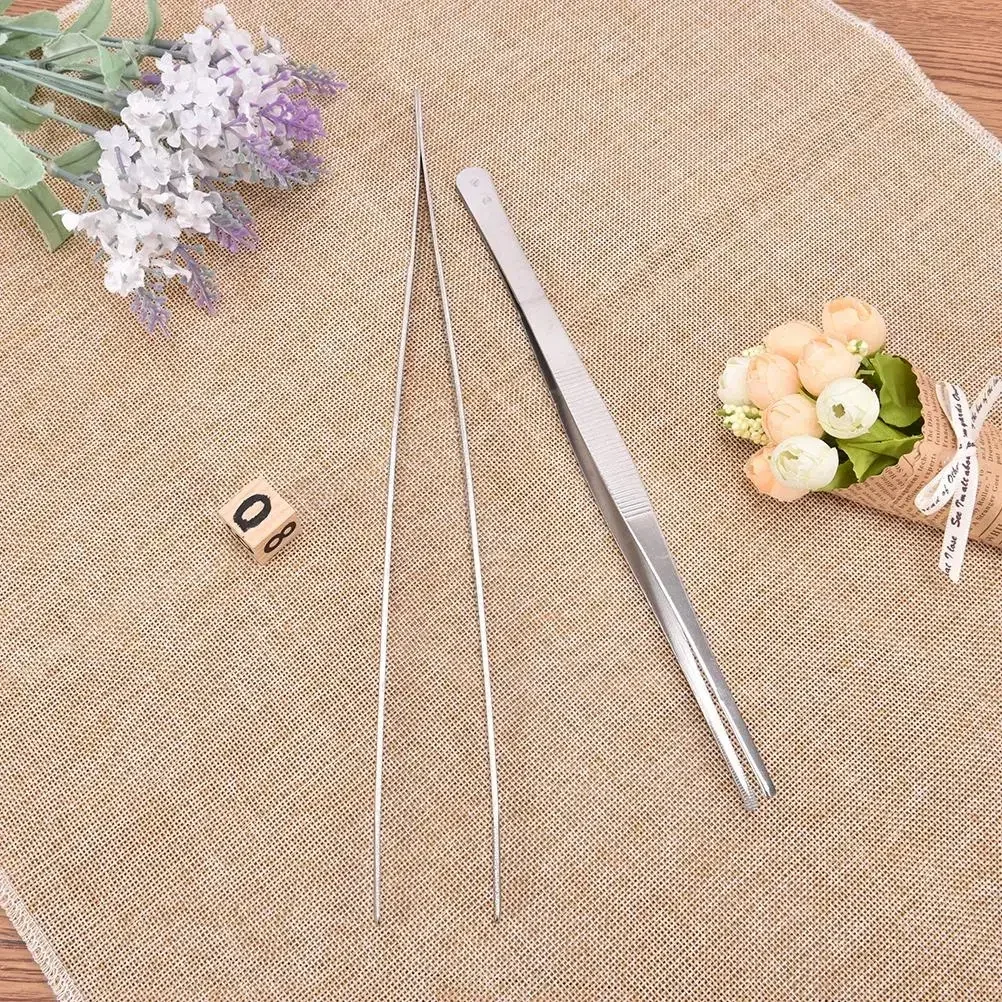 Stainless Steel Toothed Tweezer Long Barbecue Food Tong Straight Tweezer Home Medical Garden Kitchen BBQ Tool Eyelash Tweezers