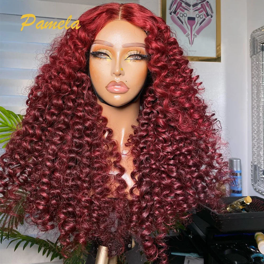 Deep Curly Glueless Wig Human Hair Pre plucked Ready To Wear Burgundy 99J Colored 13x4 Transparent Lace Front Wig For Women
