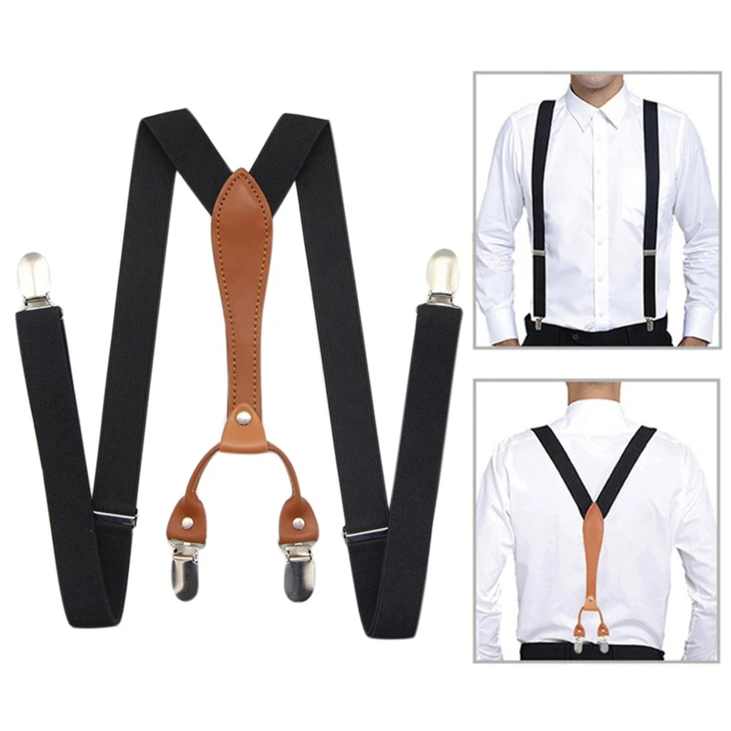 

Black Work Suspenders for Men Shirt 4 Snap Hooks Heavy Duty Big Tall X-Shape 2.5cm Wide Adjustable Elastic Trouser Pants Braces