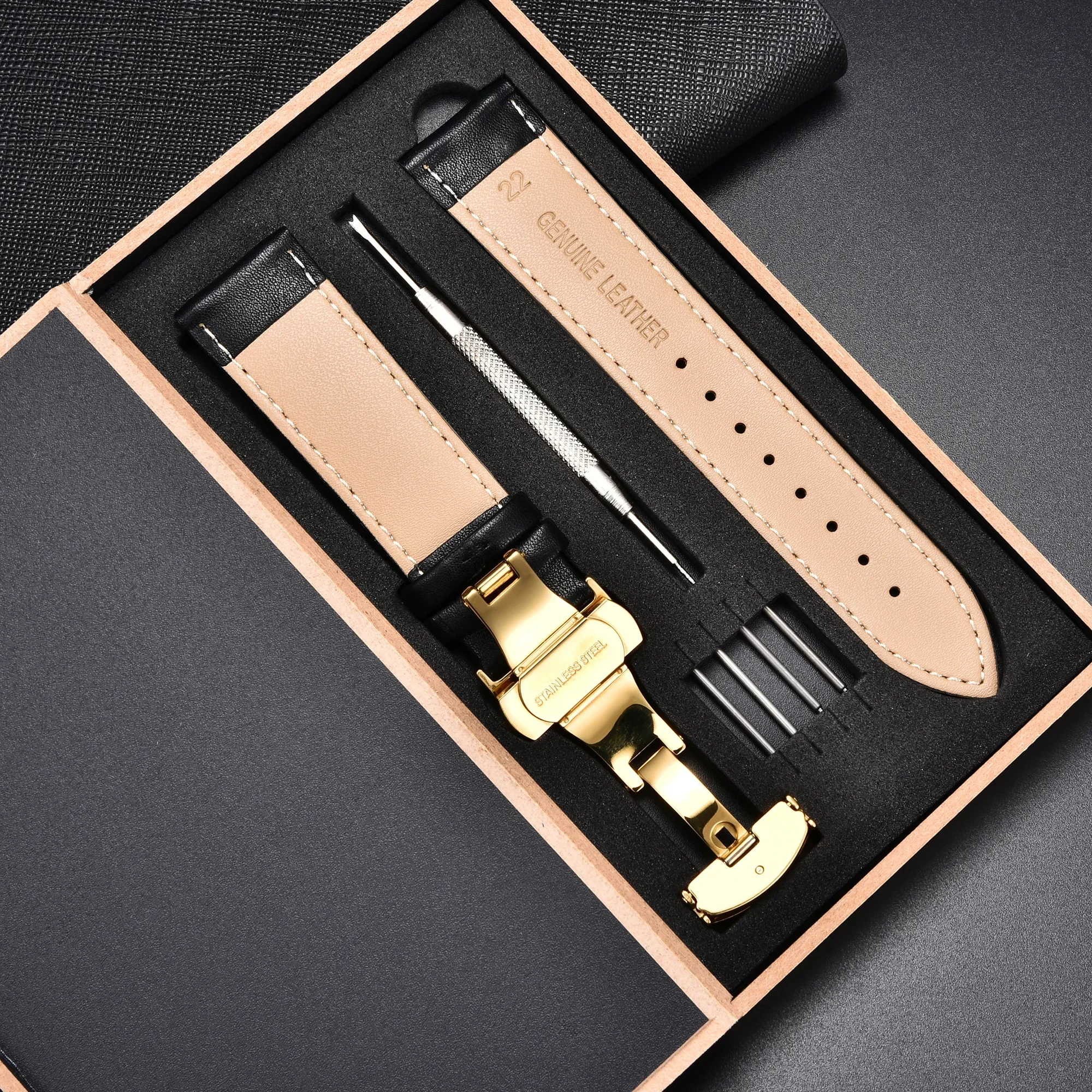 Luxurious Genuine Leather Watchband with Automatic Butterfly Buckle - Elegant Business Wrist Strap with Gift Box