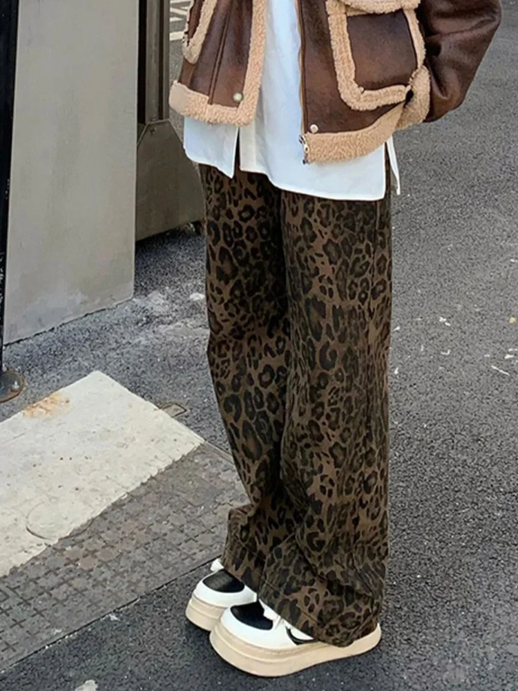 여성용 레오파드 무늬 청바지, 캐주얼 하이 웨이스트 스트리트웨어, 빈티지 와이드 레그 데님 바지, 스트레이트 전체 길이, 헐렁한 청바지, 2024 신상