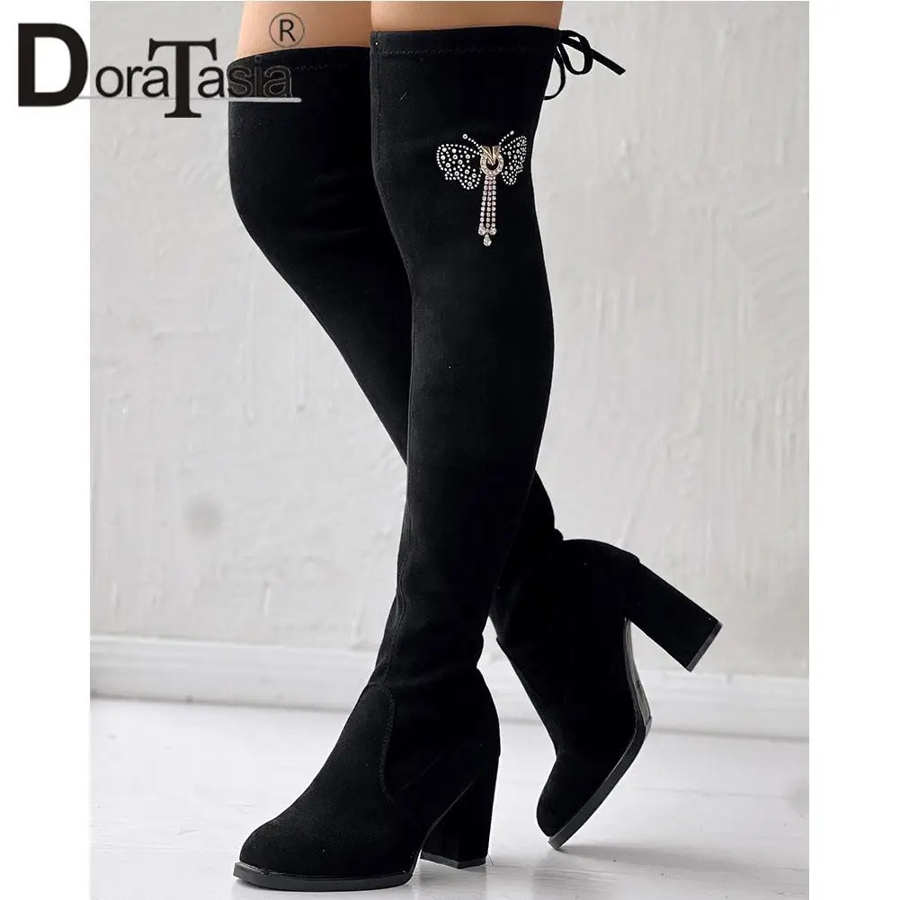 Brand New Ladies Solid Thigh High Boots Fashion Butterfly Tassel Thick High Heels women's Boots Party Office Sexy Woman Shoes