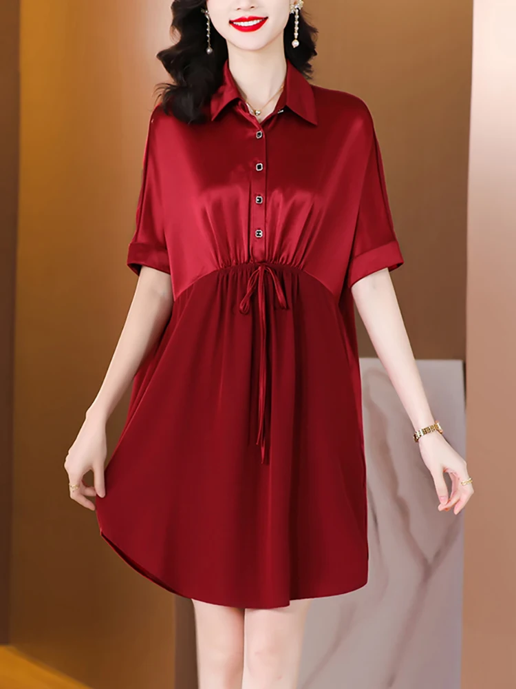 

Women Red Acetate Satin Short Sleeve Midi Dress Summer Luxury Elegant Loose Waist Dress 2024 Korean Vintage Casual Party Dresses