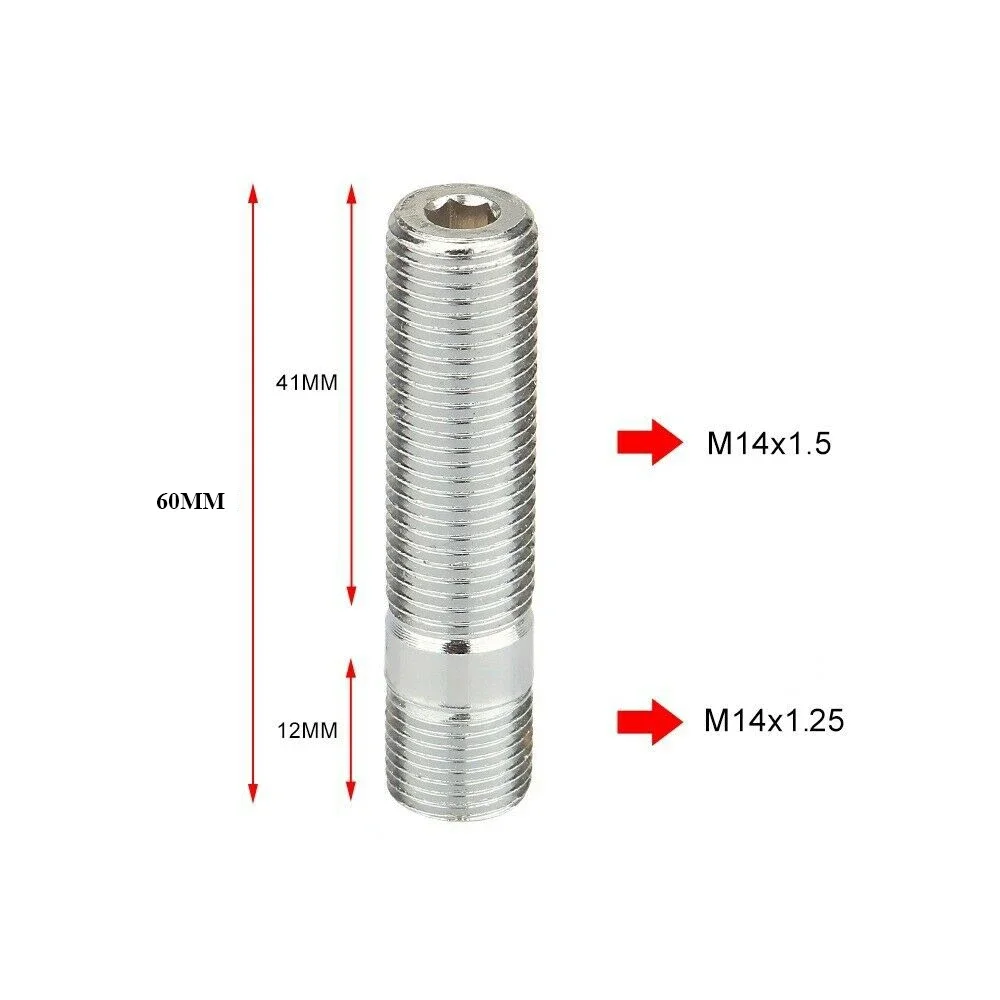 20 Pcs Extended Wheel Stud Adapters - Steel, M14x1.5 To M12x1.5, 58mm Total Length, Zinc Plated