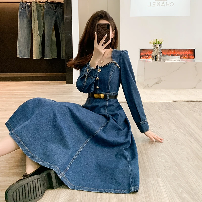 Denim Maxi Dress Long Sleeve Fitted Denim Dress Petite Blue Denim