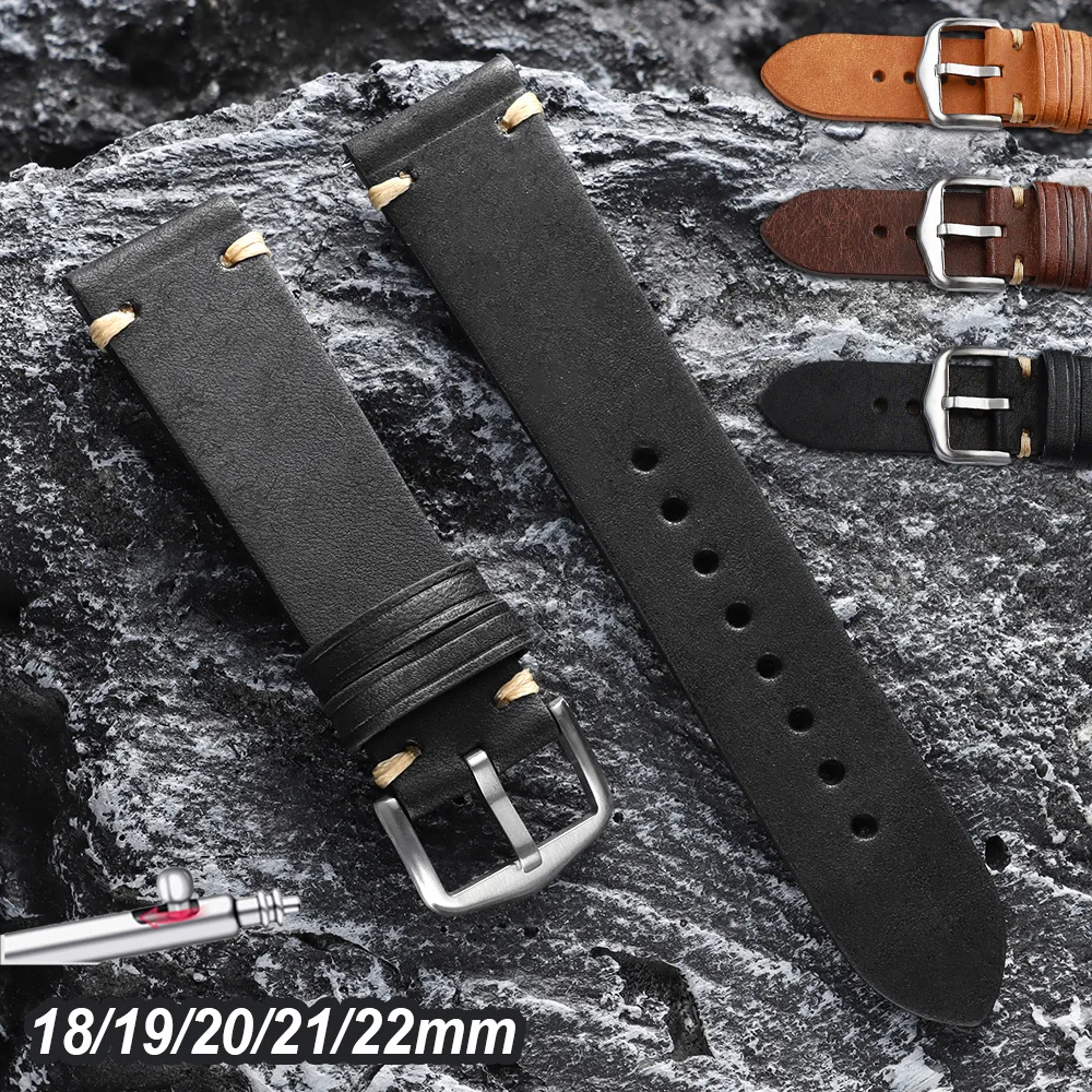 Vintage Brown & Black Handmade Cowhide Leather Watch Strap with Quick Release