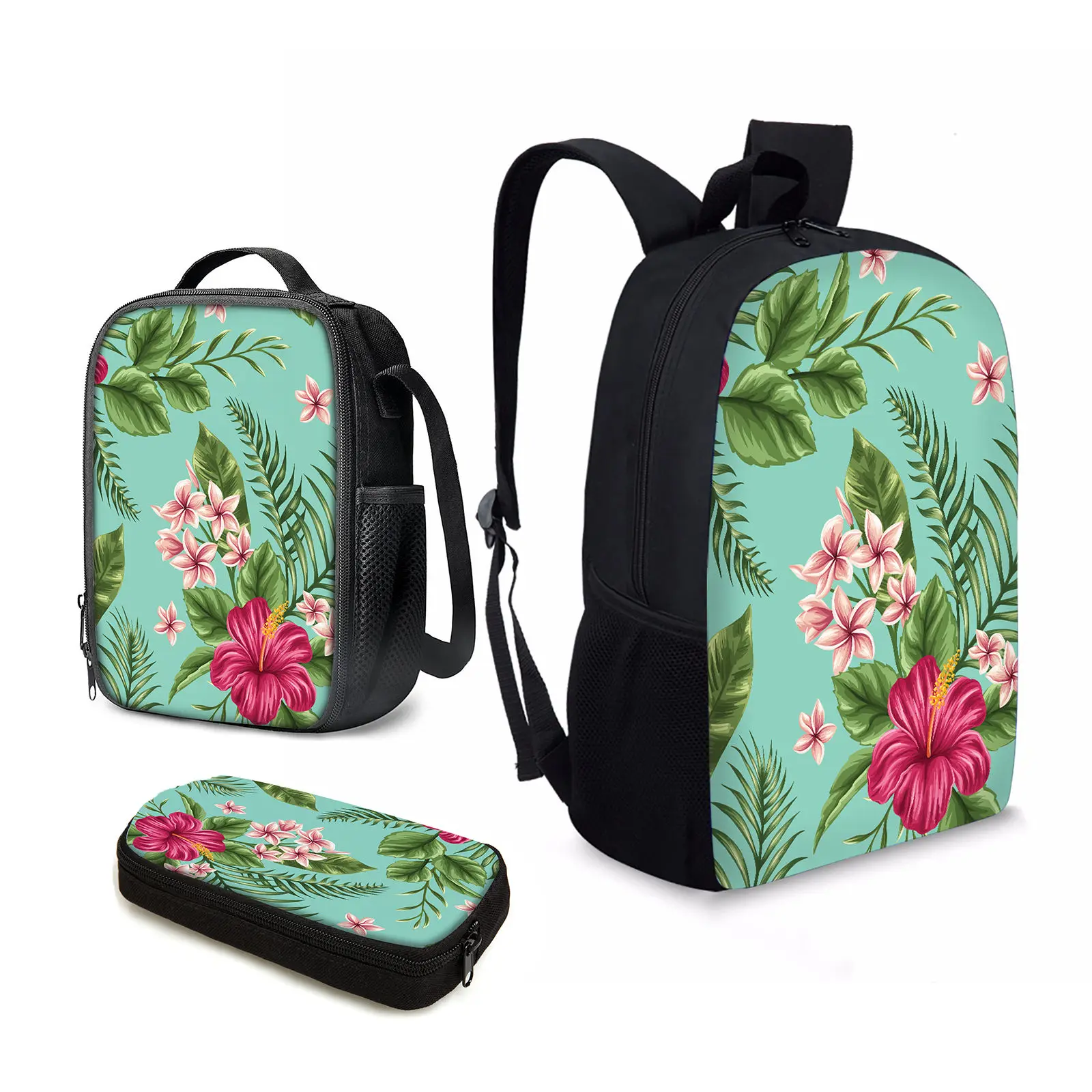 

YIKELUO Tropical Floral Design Waterproof Travel Bag With Zipper Hibiscus/Plumeria Print Stylish Lounge Bag Backpack Lunch Bag