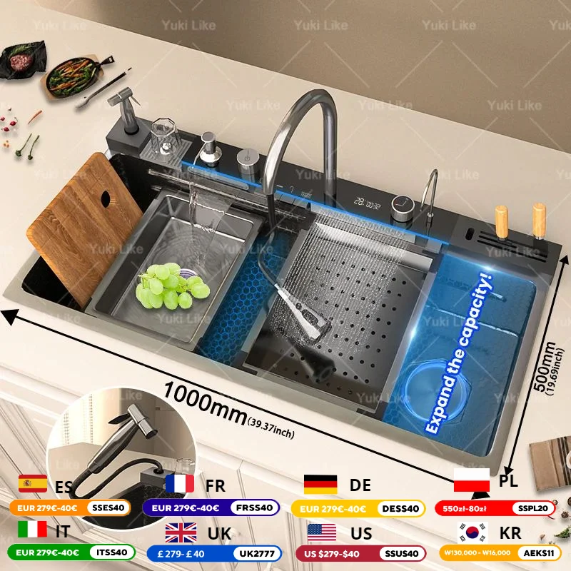 Stainless Steel Kitchen Sink with Waterfall Extra Large Single Slot Digital Display Dishwashing Basin Oversized Sinks 100x50cm