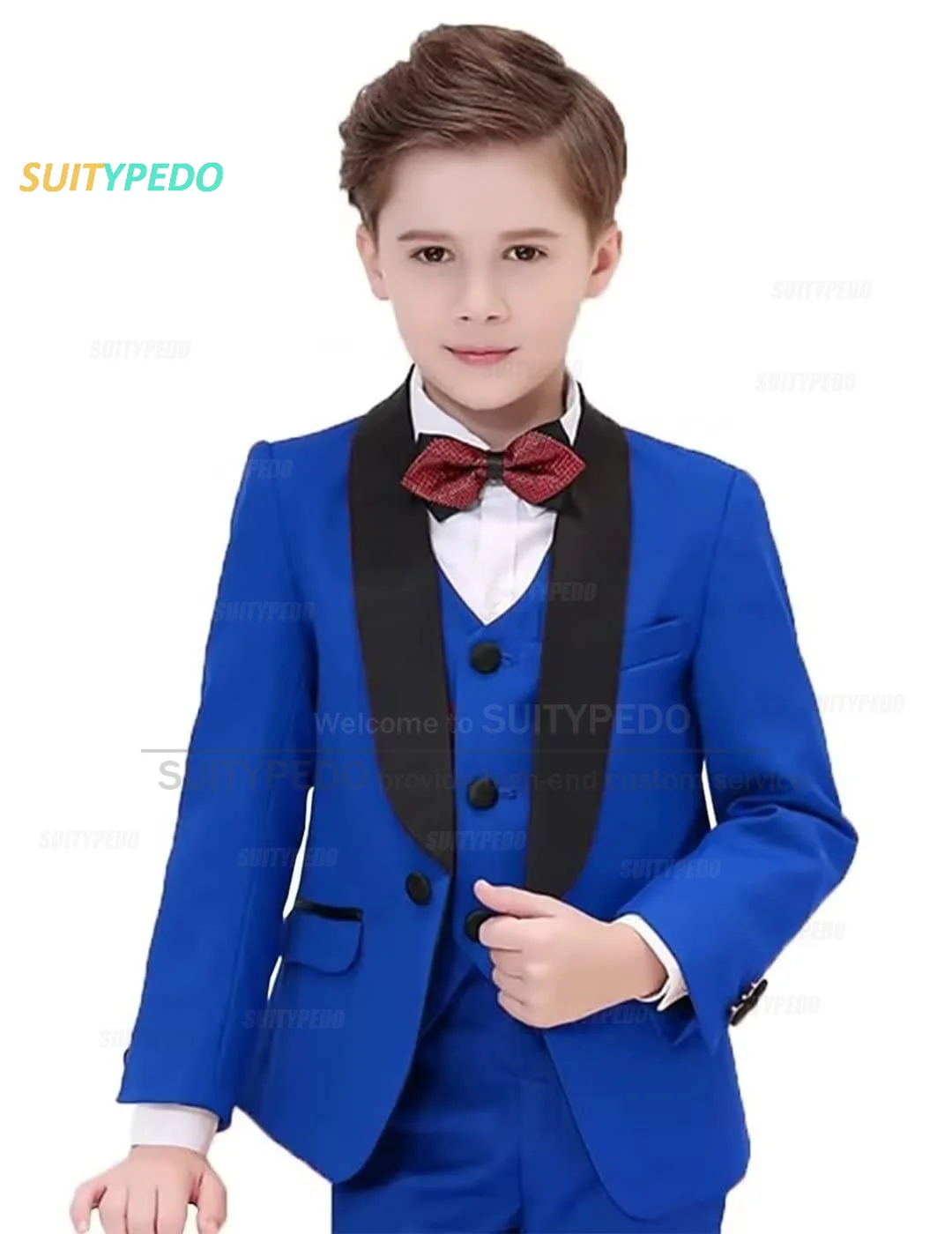Chłopcy królewski niebieski strój kamizelka blezer spodnie 3-częściowy zestaw dziecięcy garnitur na ślub bal nastolatka impreza duży kołnierz modny kostium
