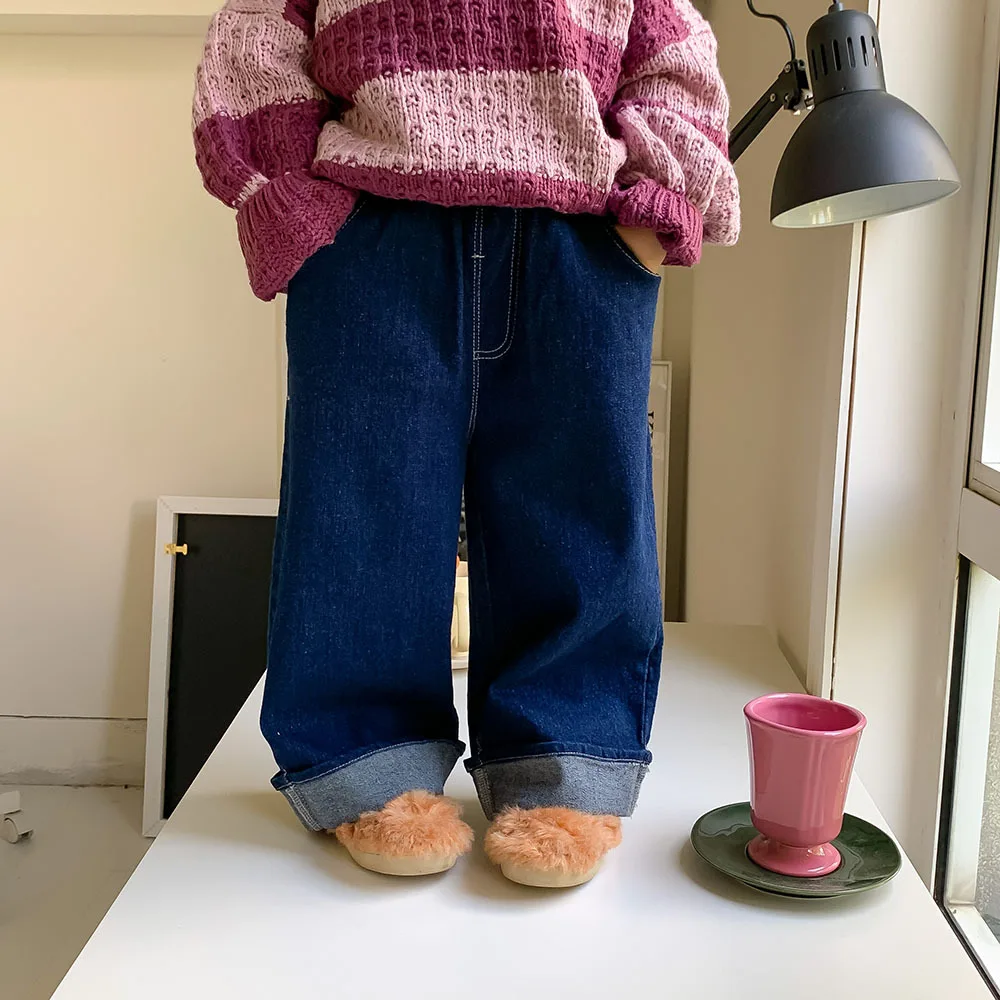 

3366B Children's Jeans 2022 Autumn New Girls Curled Loose Soft Jeans Pants Kids Loose Leg Denim Pants Kids Pants
