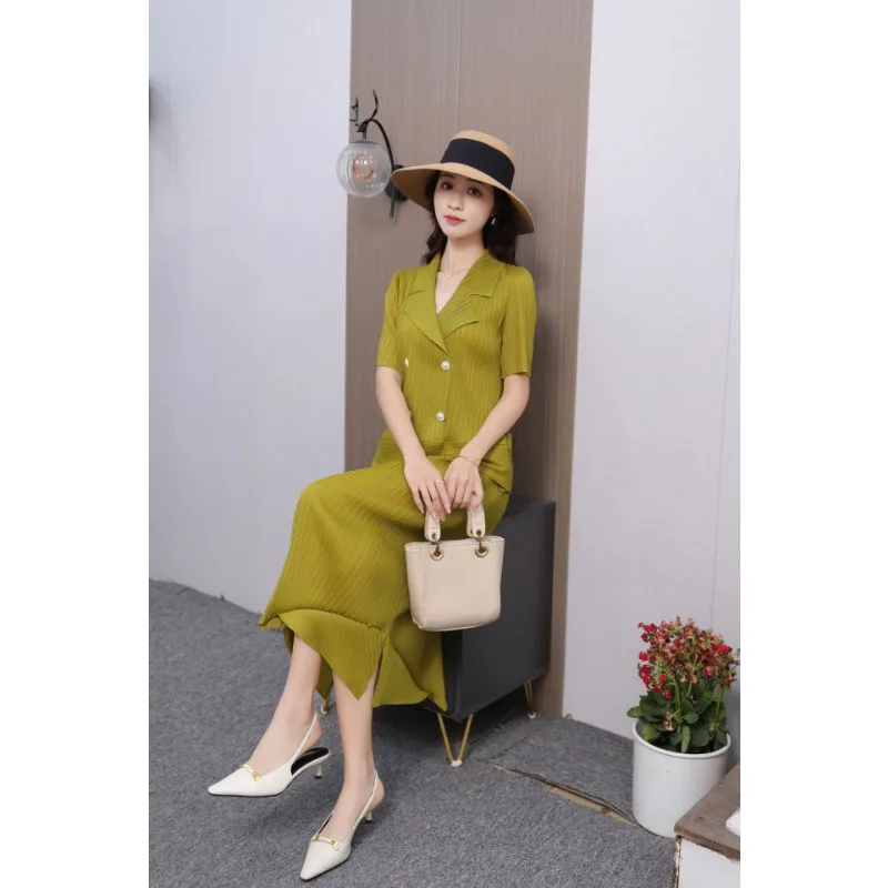 

ALSEY Miyake Pleated Suit Skirt Set 2023 Summer New Fashion Casual Top + Slim Half Skirt Casual Streetwear Two Piece Set