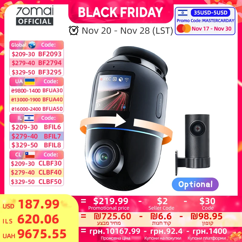 グローバルバージョン 70mai ダッシュカム 4K オムニ X800 360 ° 回転