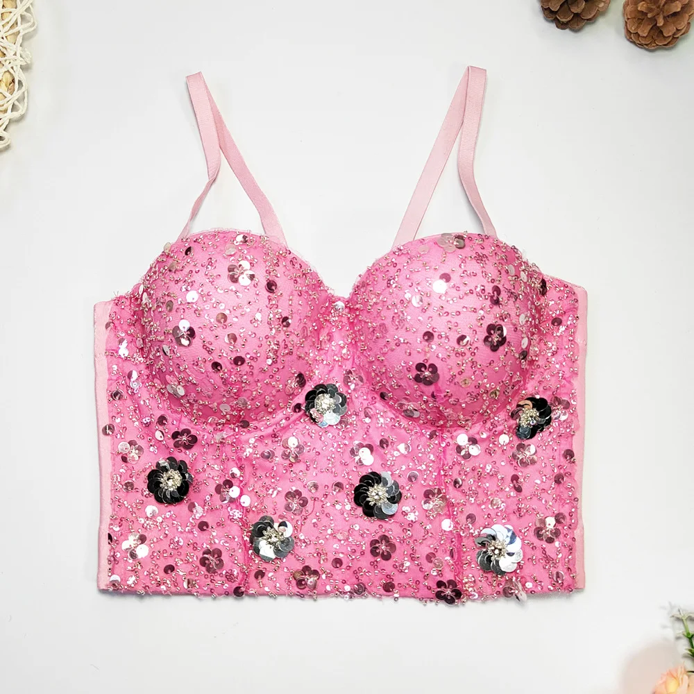 

Women Summer Sequins Camis Outwear Push Up Bra Crop Top Tank Backless Corset Vest Female Nightclub Stage Sexy Sweet strap