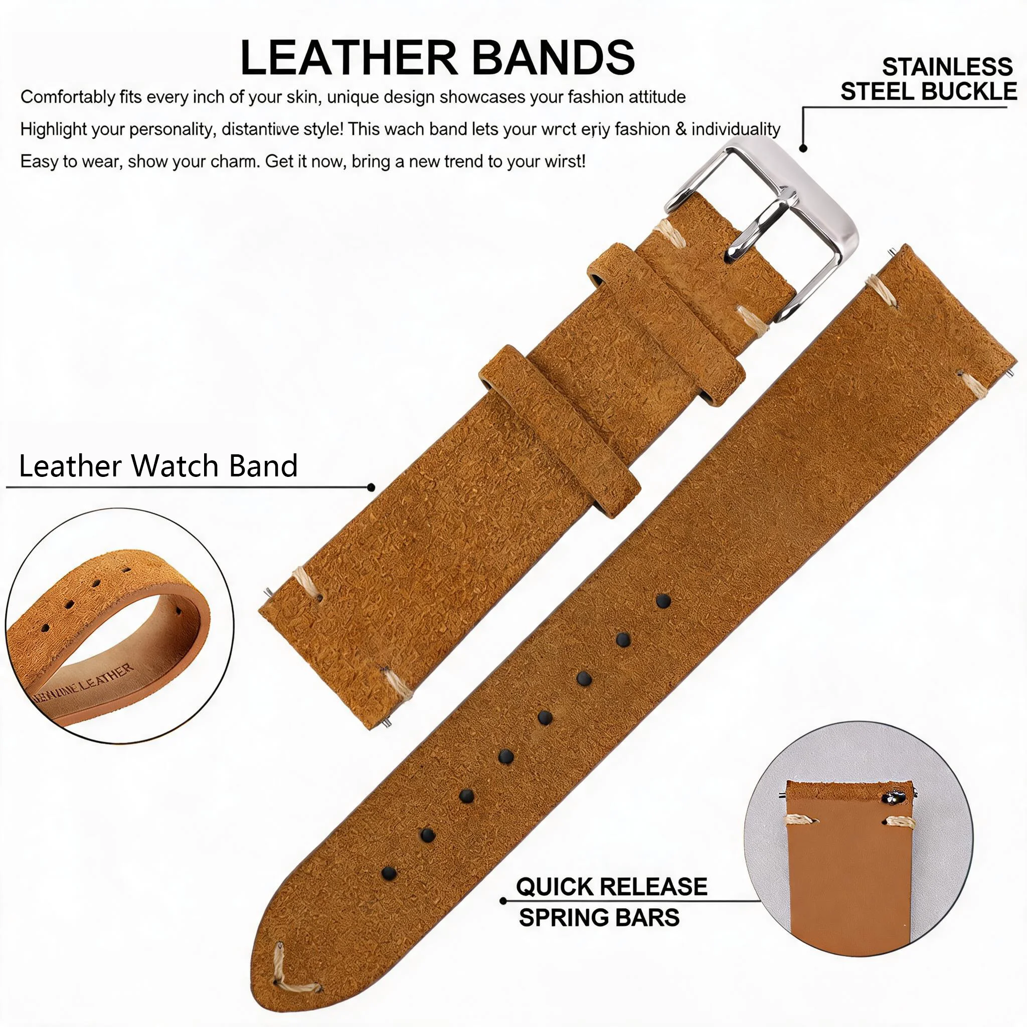 Genuine Leather Quick Release Watch Strap with Metal Pin Buckle