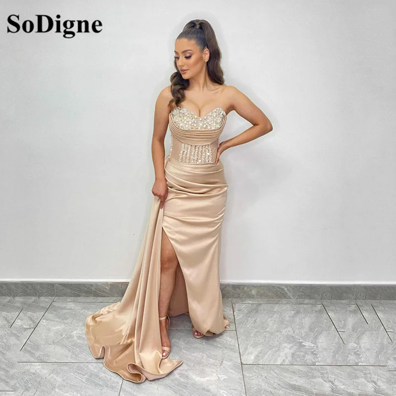 

SoDigne Champagne Women Long Evening Dresses Beads Sweethearts Satin Exquisite Prom Gowns Side Split Celebrity Dress