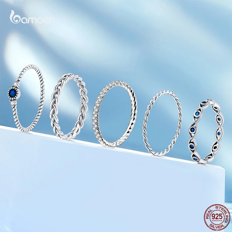 Bamoer  여성을위한 간단한 지르콘 반지 쌓을 수있는 다채로운 실버 손가락 반지 캐주얼 모든 경기 보석 선물