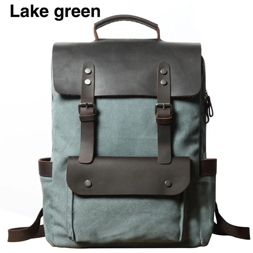 Vintage Men Canvas Backpacks Crazy Horse Leather Rucksacks Laptop Bagpack School Bags Mountaineering Travel Pack