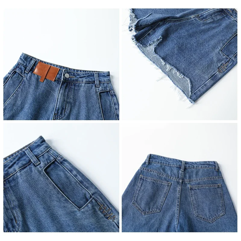 CHIC VEN Women's Denim Shorts Retro Irregularly Cut Blue High-waisted Short Jeans for Women Streetwear Pants Ladies Summer