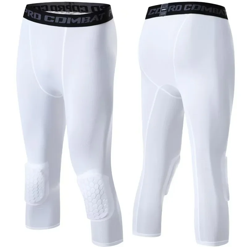 Sporty High Elastic Fitness Men's Tight Pants Running Basketball Seven-Quarter Length Compression Trousers with Knee Pads