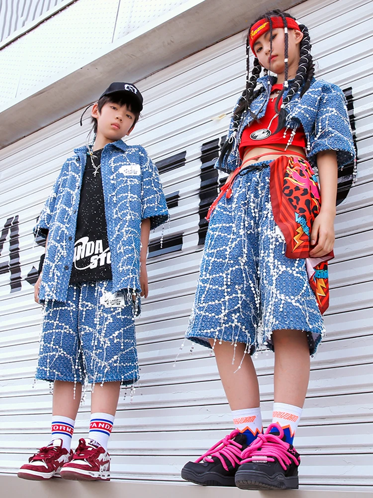 2023 Sequin Denim Hip Hop Suit For Girls Boys Jazz Dance