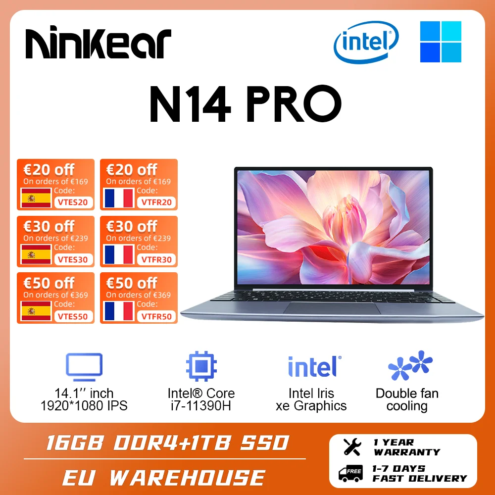 Ninkear N14 Pro Laptop 14 Pollici Ips Full Hd Intel Core I7-11390H 16Gb Ram + 1Tb Ssd Computer Portatile Windows 11 Notebook Ultrabook