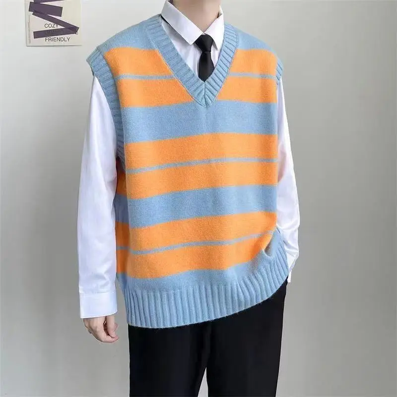 

Orange Striped Vest Knitted Sweater Men Women Jackets 2022 Autumn Korean Fashion Handsome Campus Loose Casual Pulover De Hombre