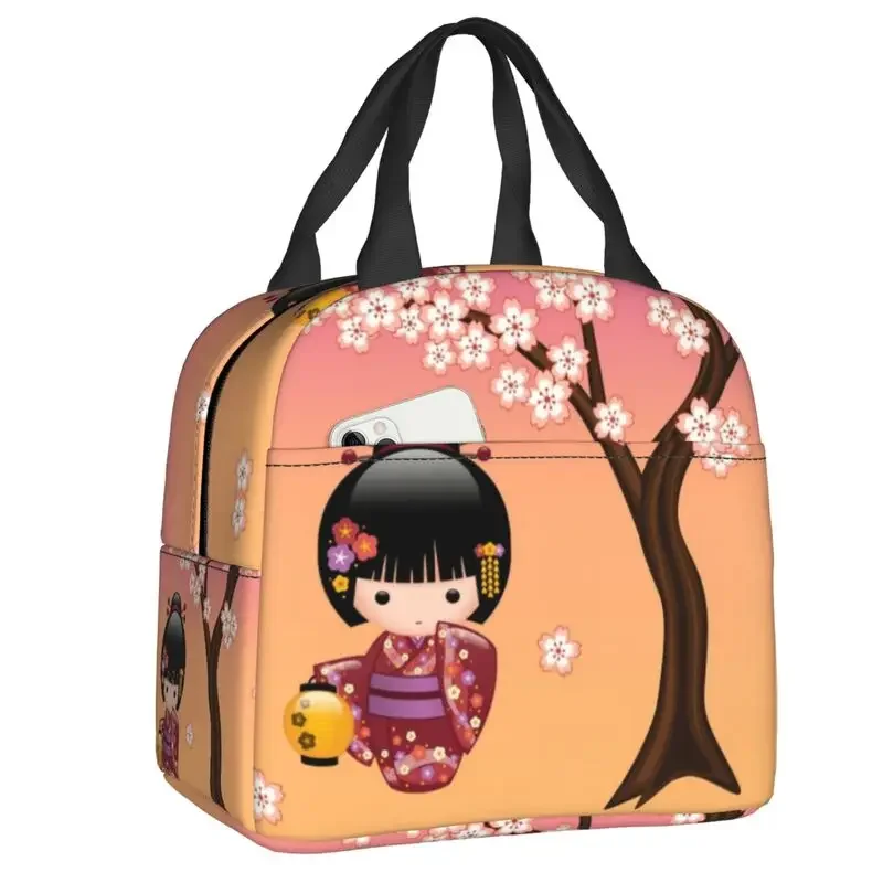 

Japanese Sakura Kokeshi Thermal Insulated Lunch Bags Women Geisha Lunch Tote for Work School Travel Storage Food Bento Box