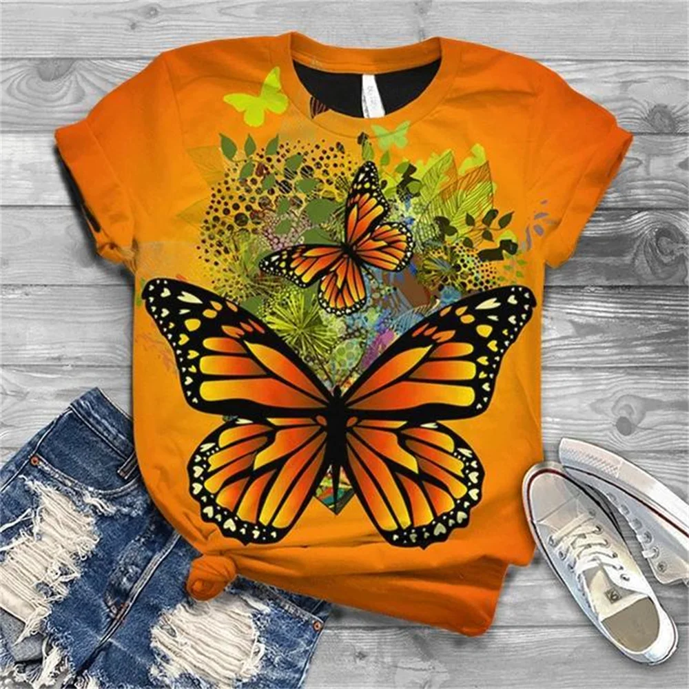 2023 Women's Summer New T-shirt 3D Butterfly Animal Style Printing Fashion  Short Sleeve Casual Comfortable Loose Oversized Top