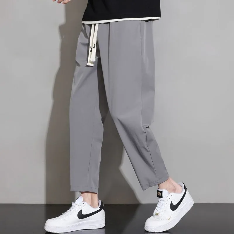 Korean Trend Summer Casual Pants Men Ice Silk Solid Quick Dry Elastic Waist Drawstring Versatile Straight Ankle Length Trousers