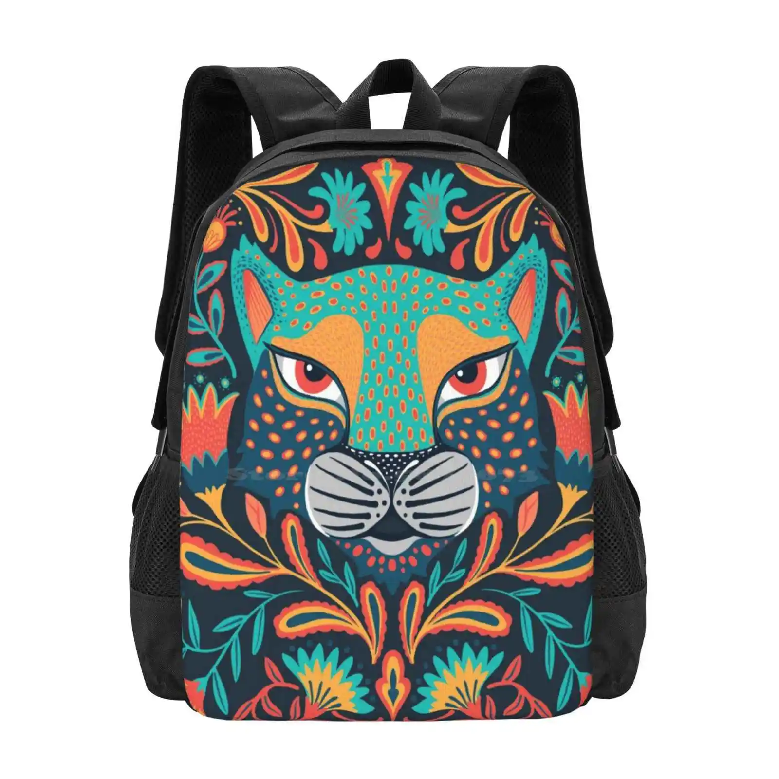 

Folk School Bags For Teenage Girls Laptop Travel Bags Spirit Animal Folk Art Ethnic Big Cat Floral