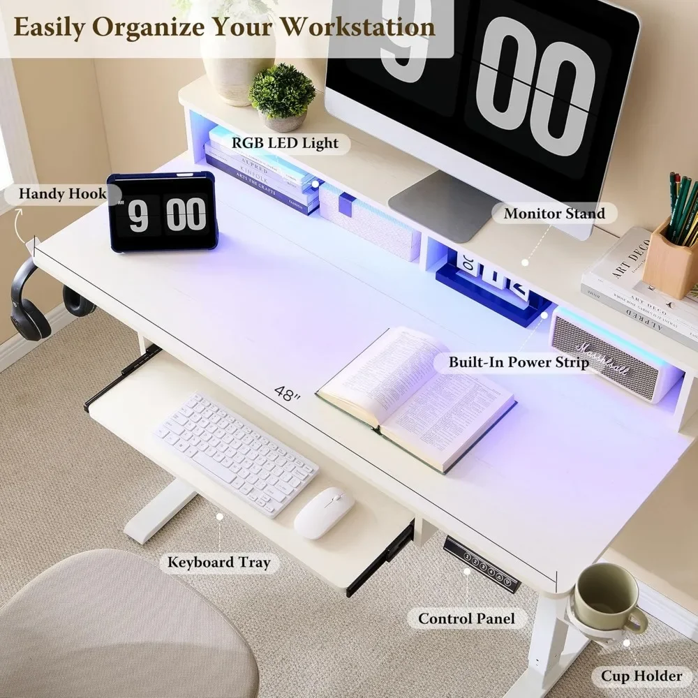 48" Electric Standing Desk Adjustable Height, Sit Stand Up Desk with Keyboard Tray, Power Outlets, LED Lights & Monitor Shelf 3