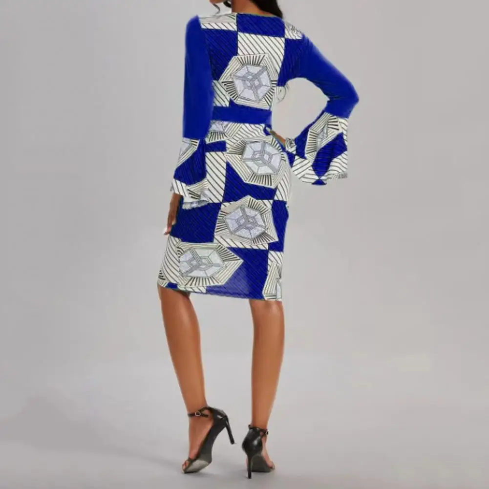

Slim Fit Dress Printed Patchwork Horn Sleeve Midi Dress for Women Slim Fit High Waist Sheath Prom Party Dress with Color
