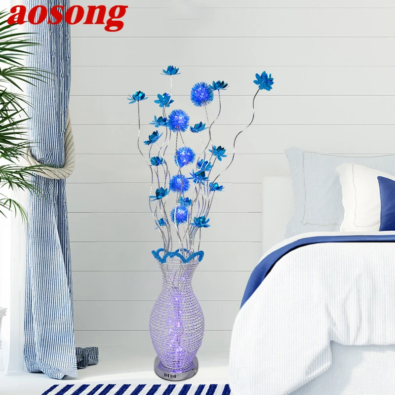 

AOSONG Nordic Blue Floor Lamp Modern Art Living Room Bedroom Hotel Aluminum Wire LED Originality Flower Decorative Light